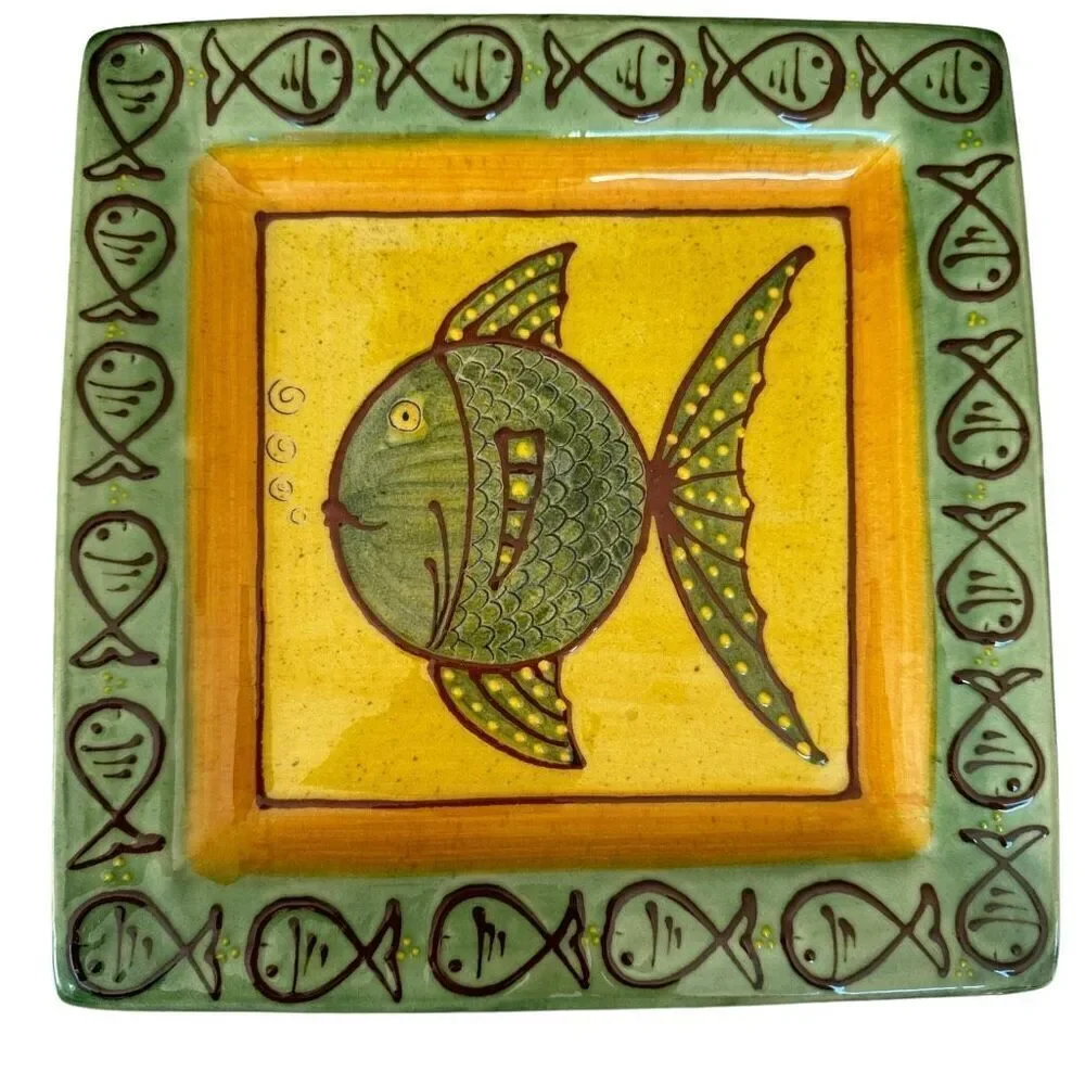 European handmade hand painted ceramic wall decor plate fish size 12x12